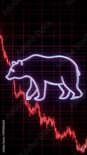 Bear Market Concept with Neon Bear and Red Falling Stock Chart