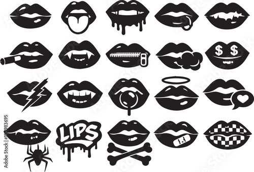 20 Edgy Black Lips Vector Set: Grunge, Punk, and Gothic Style Silhouette Collection featuring Vampire Fangs, Dripping Lipstick, Zippers, Piercings, and Rock 'n' Roll Elements.