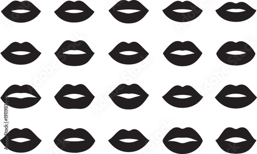 Sensual Monochrome Lips Pattern: High-Contrast Vector Background Texture Featuring Various Pout and Kiss Shapes. Ideal for Beauty, Glamour, and Fashion Design Projects.