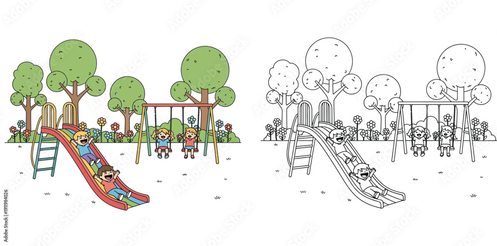 Fototapeta premium Happy Children Playing on a Slide and Swings in a Park - Outdoor Fun