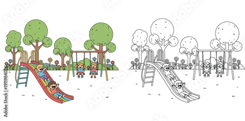 Happy Children Playing on a Slide and Swings in a Park - Outdoor Fun