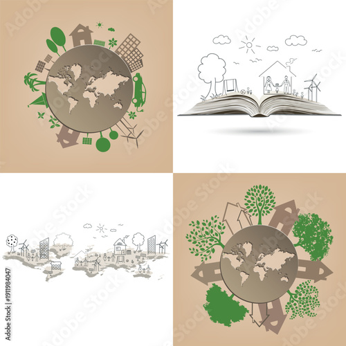Happy family stories on an open book, globe, world map, against the backdrop of a city, house, tree, and solar panels. Collection. Eco friendly world.