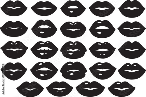 Black and White Lips Seamless Vector Pattern: Stylish Monochrome Background of Various Sensual Mouth Silhouettes for Fashion, Cosmetics, Beauty, and Pop Art Design.