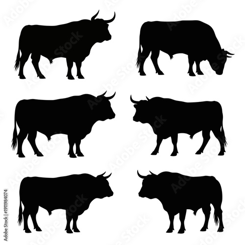 Six distinct silhouettes of bulls showcasing various poses and orientations