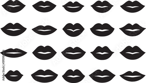 Black and White Lips Pattern Vector Collection: Seamless Monochrome Background of Female Mouths, Diverse Kiss and Pout Silhouettes for Beauty, Fashion, and Cosmetics Design Projects