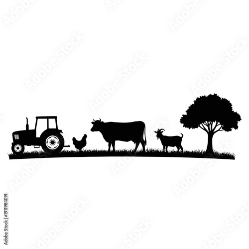 Farm scene with tractor, animals, and tree under a clear sky