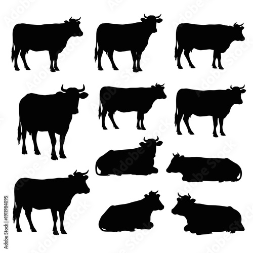 A collection of various silhouettes of cows and bulls in different poses