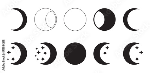 Lunar phases and crescent moon icons with stars for astronomical design collection vector set bundle
