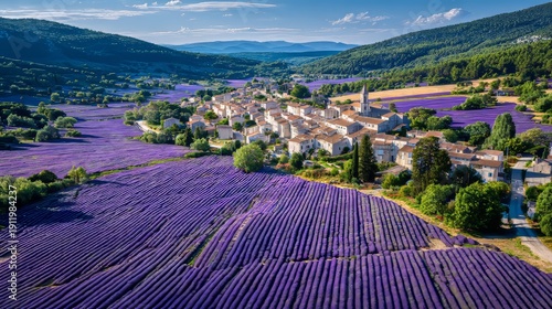 A scenic aerial view of a quaint village surrounded by vibrant purple lavender fields, nestled in a valley