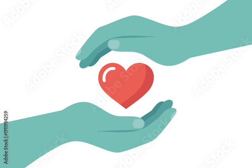 Caring Hands Holding Red Heart Symbol Illustration for Love, Charity and Emotional Support Concept