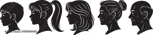 Five distinct hairstyles showcased through silhouette profiles of women.
