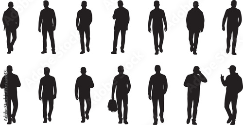 Silhouettes of people walking in various styles and postures