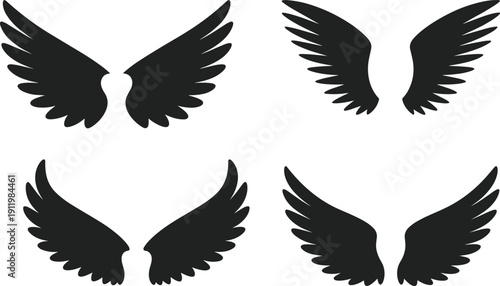 Black angel wing silhouettes set, symmetrical flying feather emblems and abstract wing icons isolated on white background vector illustration collection
