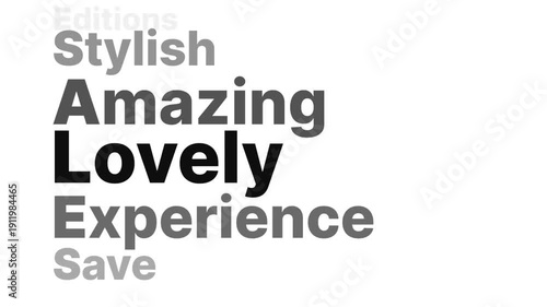 Horizontal Kinetic Typography Sale Loop. Black and White Scrolling Text Animation with Positive Adjectives. Minimalist Seamless Promo Background for Banner or Luma Matte.