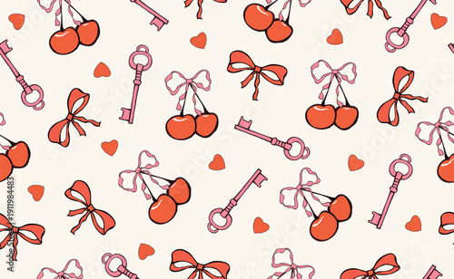 Whimsical valentine seamless pattern with heart, red cherry, pink bow, ribbon, keys. Coquette doodle vintage elements for Valentine's Day, wedding, invitation. Hand drawn isolated crayon vector illus