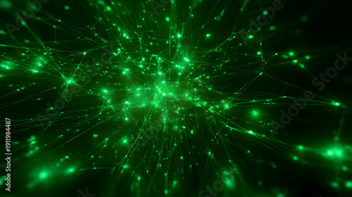 A vibrant abstract green light network, showcasing futuristic digital data dots forming an intricate technology connection. This complex visualization represents global information flow.