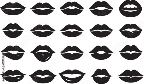 Sexy Lips Vector Collection: 20 Monochrome Silhouettes of Kissing, Smiling, and Pouting Mouths, Perfect for Beauty, Fashion, and Valentine's Day Design Assets and Icons