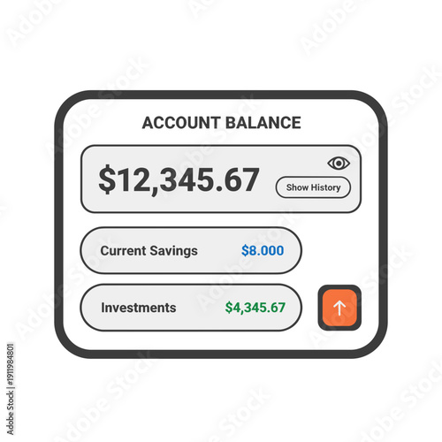 Account balance dashboard showing savings investments total funds and financial overview