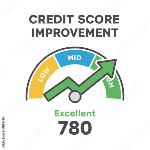 Credit score improvement concept with rising indicator excellent rating and financial progress