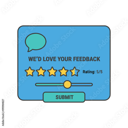 Customer feedback request form with rating stars satisfaction review and submit button