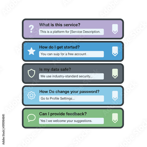 FAQ section interface with questions answers support and user help information