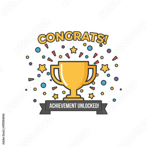 In app reward achievement celebration with trophy confetti success and gamification concept