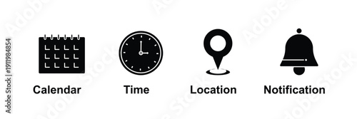 Line Icons Collection Featuring Calendar, Clock Time, Location Map Pin and Notification Bell Symbols for Web and Mobile Applications.eps10