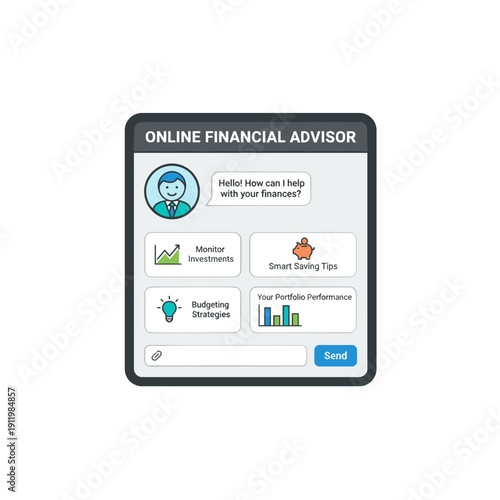 Online financial advisor chatbot interface with investment monitoring budgeting and smart tips