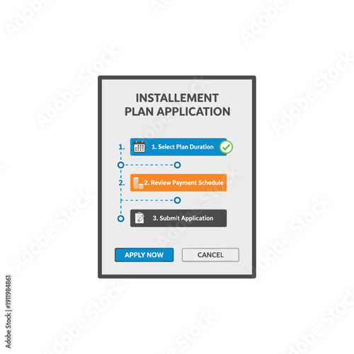 Installment plan application interface with payment schedule steps and approval process