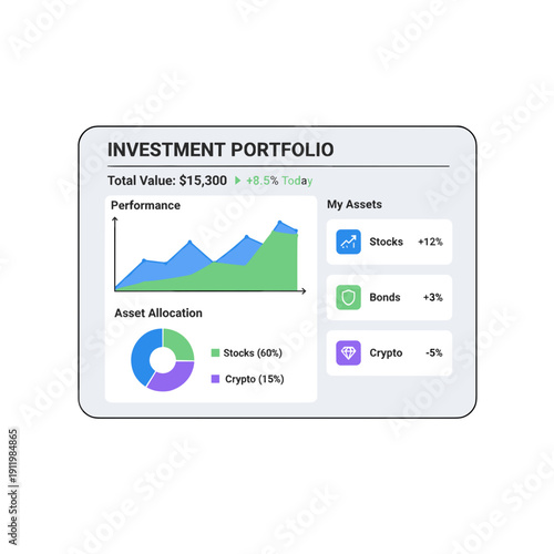 Personal investment portfolio dashboard with asset allocation performance and returns overview