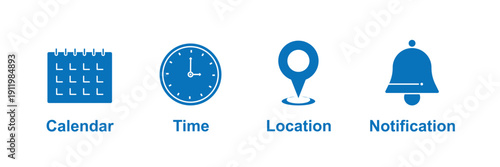 Line Icons Collection Featuring Calendar, Clock Time, Location Map Pin and Notification Bell Symbols for Web and Mobile Applications.eps10