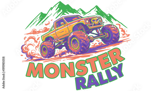 Extreme Off-Road Monster Truck Rally vector art. Massive tires vehicle driving up hill illustration. Vintage motorsports racing competition graphic.
