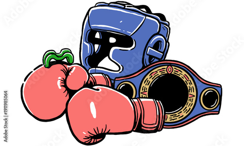 Boxing champion gear illustration. Vintage fighting gloves and protective headgear. Heavyweight title belt prize. Isolated vector design element.