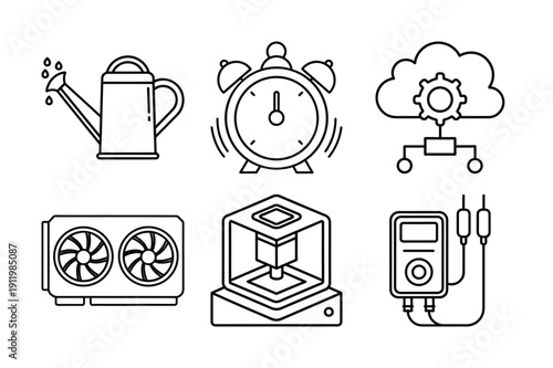 Mixed Line Art Icon Set Featuring Gardening, Time, Cloud Computing, and Electronics Symbols
