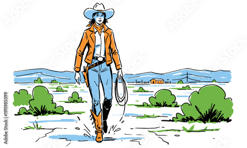 Determined cowgirl walking the dusty frontier. Comic book vintage illustration style. American Western adventure scene. Rough terrain exploration.