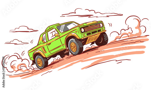 Green off-road vehicle climbing dusty hill. Extreme 4x4 rally competition art. Vintage truck driving speed illustration.