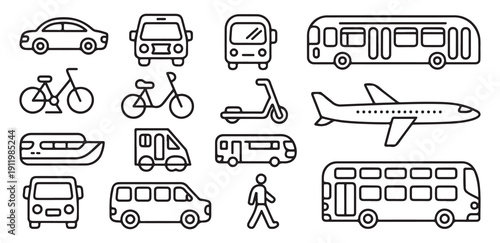 Transportation line icon set vector illustration collection simple design car bus airplane