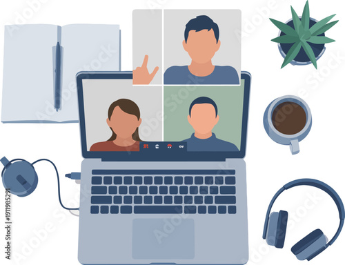 Video Conference Call with Colleagues on Laptop Screen, Headphones, Coffee, and Notebook