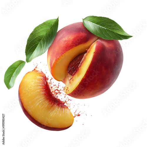  flying peach fruit with half slice and green leavesl on white background.