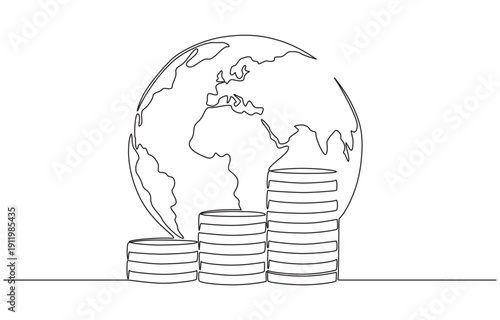 Continuous one line drawing of piles of coins and earth globe, symbolizing world economics, global finance, single line art.