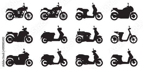 Scooter and motorcycle silhouette set illustration graphic design black and white collection simple drawing