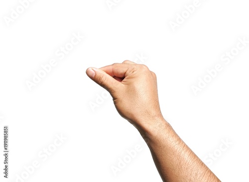 Male hand making a gesture of holding a card or business card. Some types of documents ID card Or a passport, coin, or something. Isolated on a white background.	