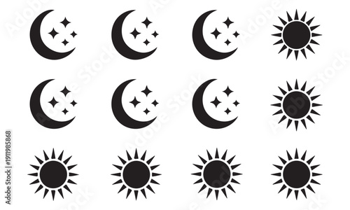 Set of black crescent moon with three stars and sun vector icons for night and day design