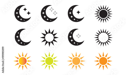 Collection of black and colored sun and moon icons isolated on white background
