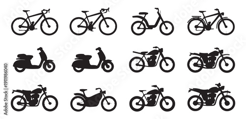 Bicycle and motorcycle silhouette vector pack featuring road bikes and classic motorbike styles set