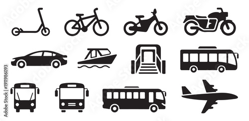 Public transportation icons set including bus car airplane boat and scooter silhouettes on white background