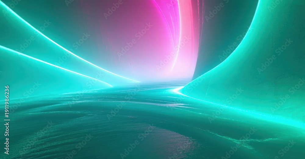 Fototapeta premium Abstract landscape. Vivid turquoise, magenta hues blend. Light streaks create tunnel effect, suggesting depth, energy. Smooth textures dominate scene.