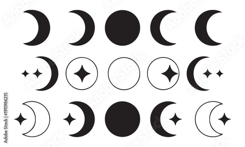 Set of moon phases with stars and circles icons, celestial body cycle, crescent and full moon vector