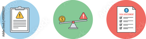Risk Assessment Icon Set With Warning Checklist Financial Balance Scale And Document Compliance Illustrations For Business Management