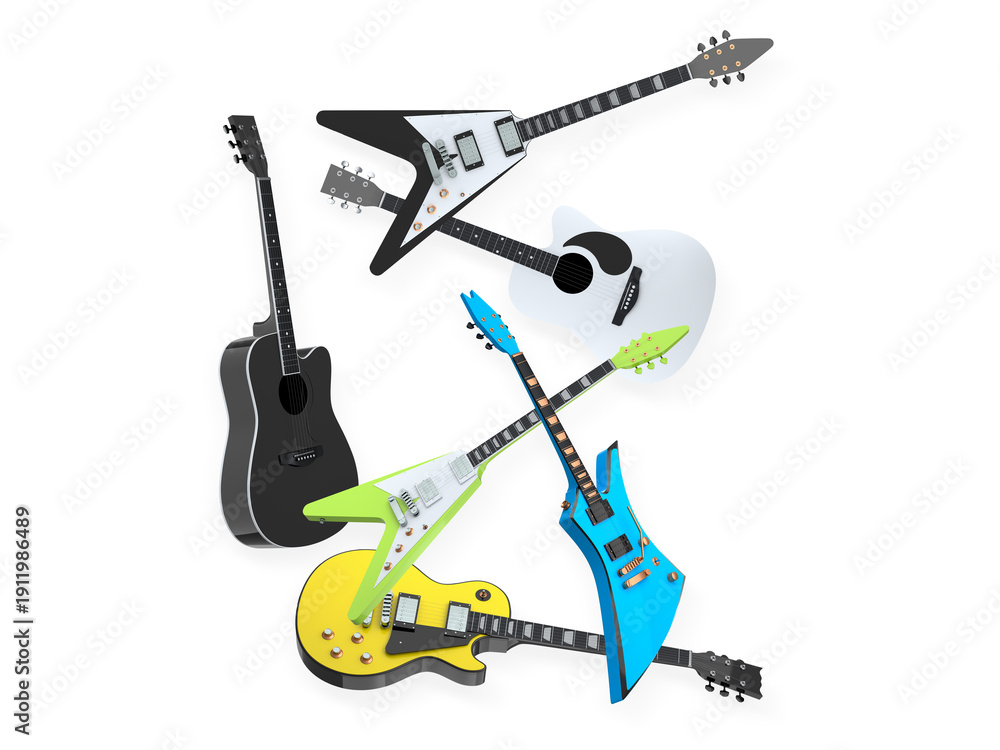 Fototapeta premium Set of electric and acoustic guitars with unique body shapes isolated on white background, concept of music variety